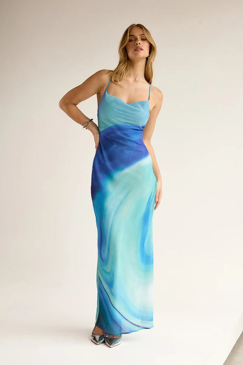 Maxi Jurk met Blauwe Afdrukken